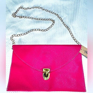 Faux Leather Dark Pink Envelope Clutch with Removable Gold Chain Strap.